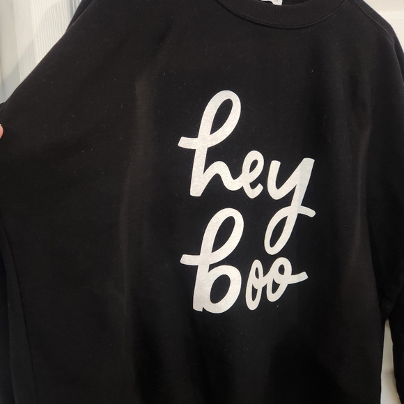 Pink Lily Black Sweatshirt With "Hey Boo" On Front. Size Large. - Picture 2 of 5